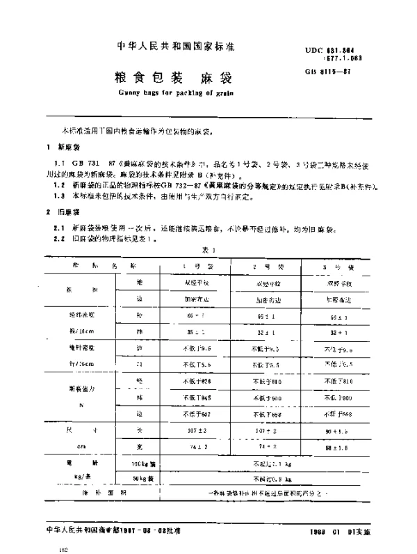 GB 8115-1987 粮食包装 麻袋