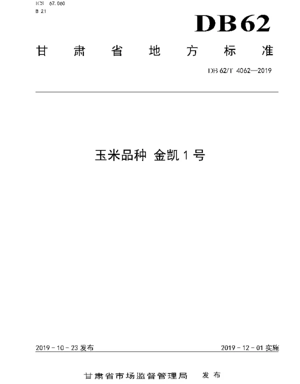 DB62T 4062-2019 玉米品种 金凯1 号