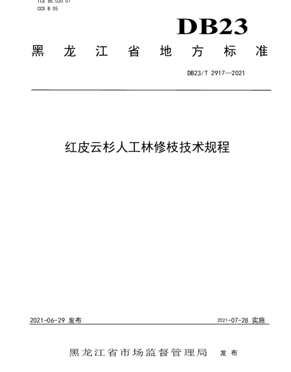 DB23T 2917—2021 红皮云杉人工林修枝技术规程