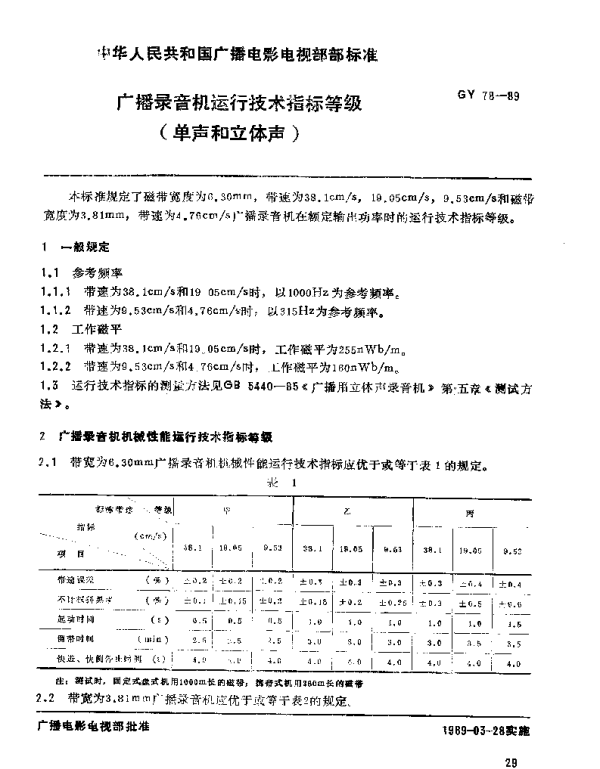 GY 78-1989 广播录音机运行技术指标等级（单声和立体声）