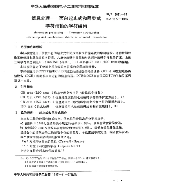 SJZ 9081-1987 信息处理-面向起止式和同步式字符传输的字符结构