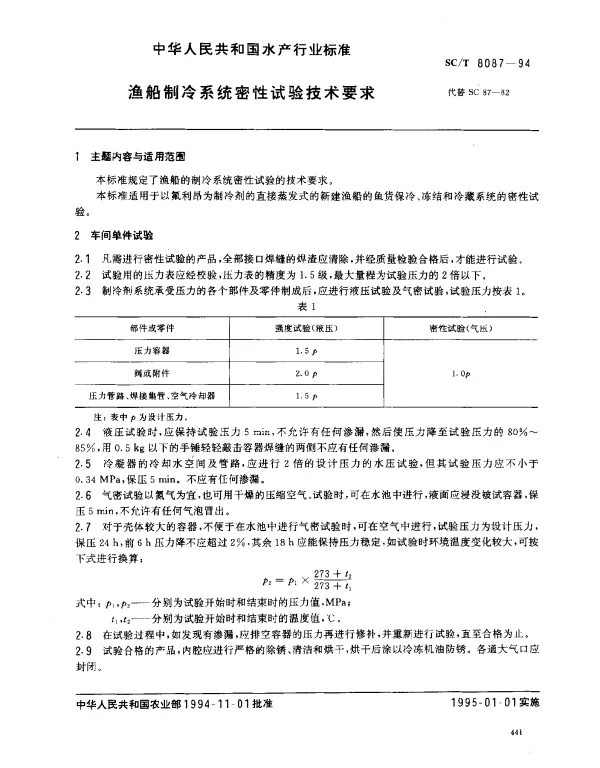 SCT 8087-1994 渔船制冷系统密性试验技术要求