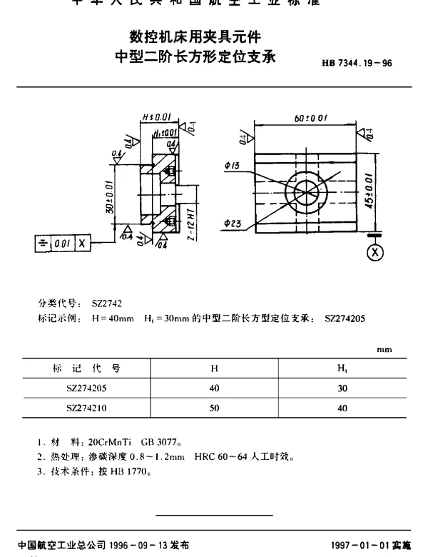 HB 7344.19-1996 数控机床用夹具元件.中型二阶长方形定位支承