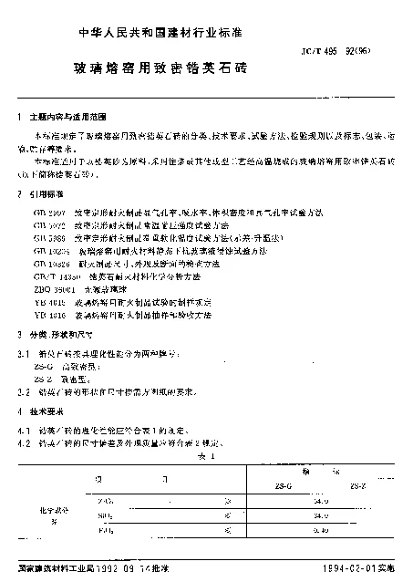 JCT 495-1992(1996) 玻璃熔窑用致密锆英石砖