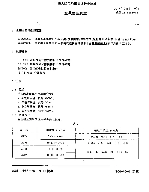 JBT 7487.1-1994 金属差压膜盒