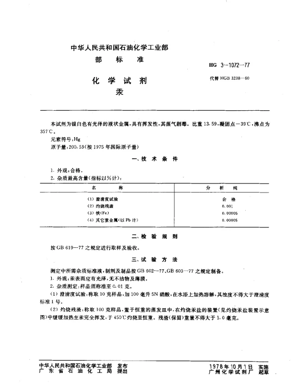 HG 3-1072-1977 化学试剂 汞
