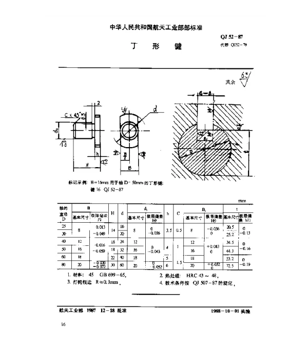 QJ 52-1987 通用零件 丁形键