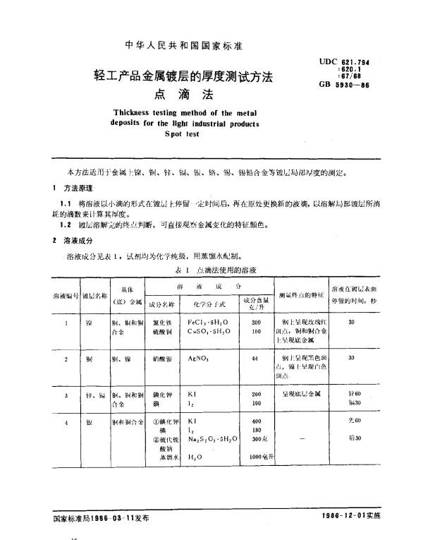 GB 5930-1986 轻工产品金属镀层的厚度测试方法点滴法