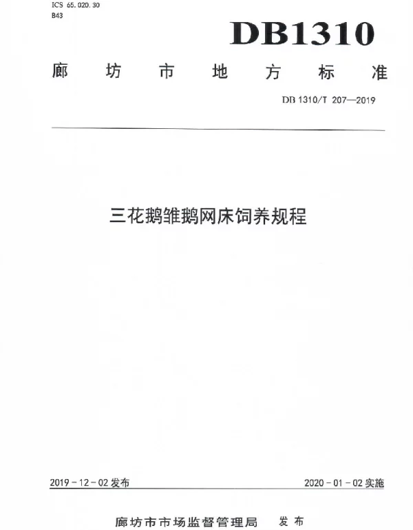 DB1310T 207-2019 三花鹅雏鹅网床饲养规程