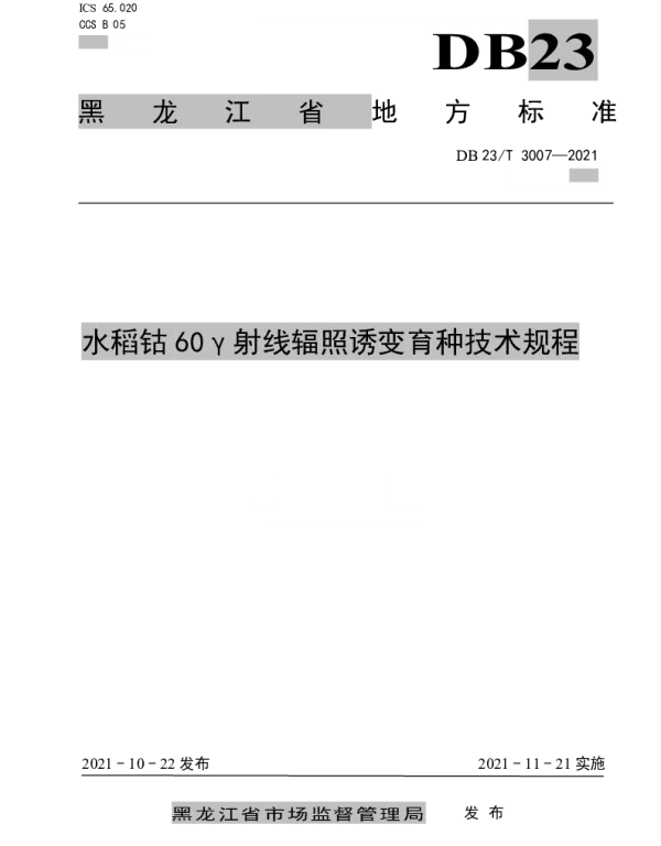 DB23T 3007—2021 水稻钴60γ射线辐照诱变育种技术规程