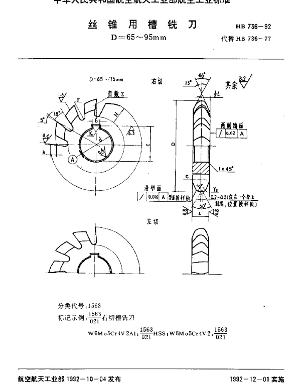 HB 736-1992 丝锥用槽铣刀.D=65~95mm