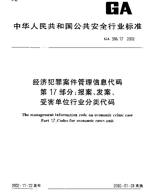 GA 398.17-2002 经济犯罪案件信息管理代码 第17部分：报案、发案、受害单位行业分类代码