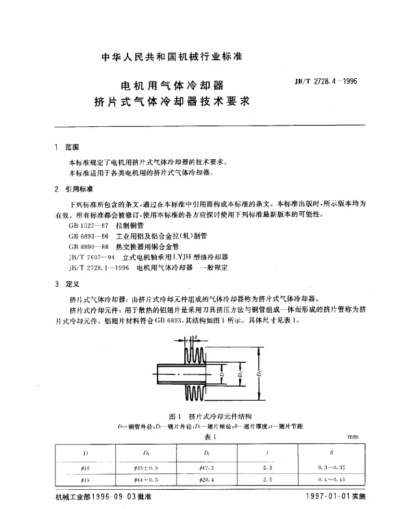 JBT 2728.4-1996 电机用气体冷却器 挤片式气体冷却器技术要求