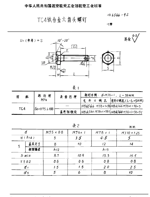 HB 6566-1992 TC4钛合金六角头螺钉