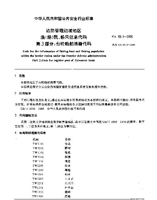 GA 99.3-2000 边防管理边境地区渔(船)民、船只信息代码.第3部分：台轮船舶港籍代码