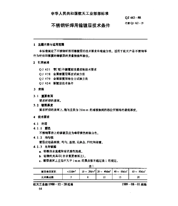 QJ 463-1988 不锈钢钎焊用镍镀层技术条件