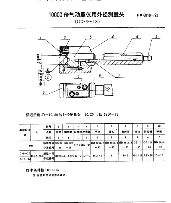 HB 6810-1993 10000倍气动量仪用外径测量头(D6~18)