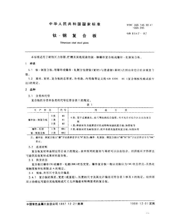 GB 8547-1987 钛-钢复合板