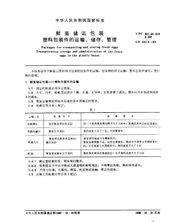 GB 8674-1988 鲜蛋储运包装 塑料包装件的运输、储运、管理