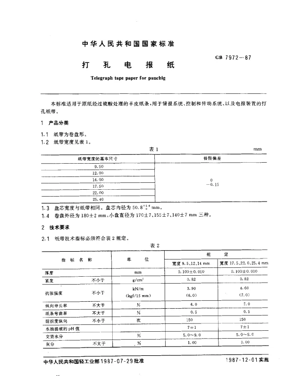 GB 7972-1987 打孔电报纸