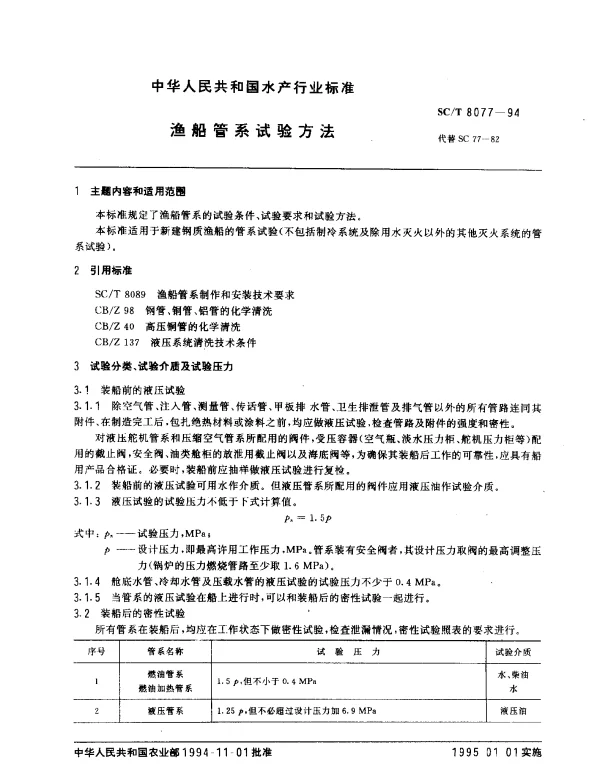 SCT 8077-1994 渔船管系试验方法