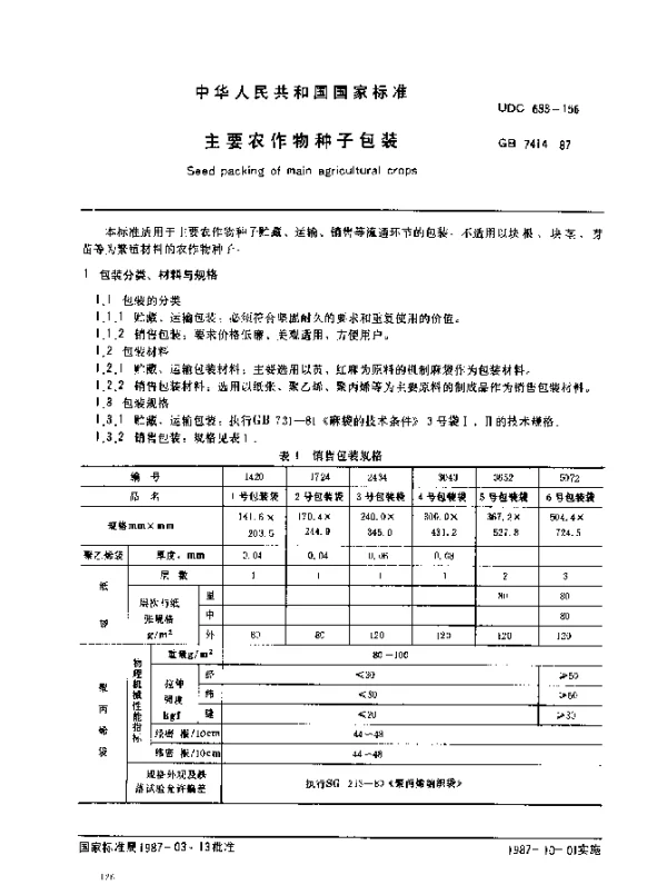 GB 7414-1987 主要农作物种子包装