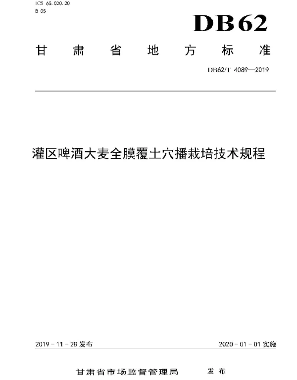 DB62T 4089-2019 灌区啤酒大麦全膜覆土穴播栽培技术规程