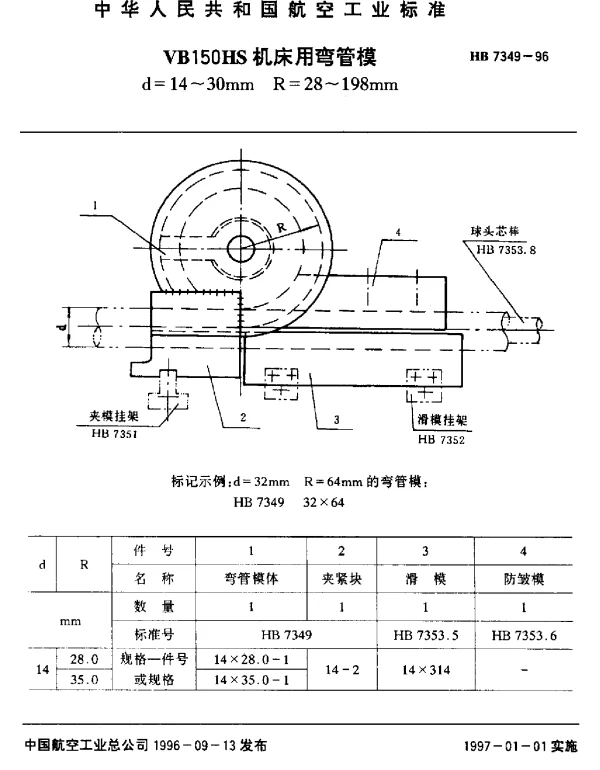 HB 7349-1996 VB150HS机床用弯管模.d=14~30mm R=28~198mm
