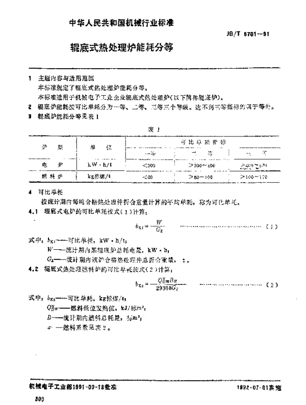 JBT 5701-1991 辊底式热处理炉 能耗分等
