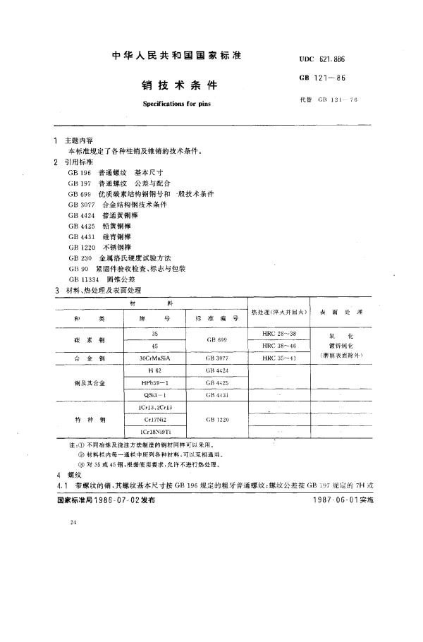 GB 121-1986 销技术条件