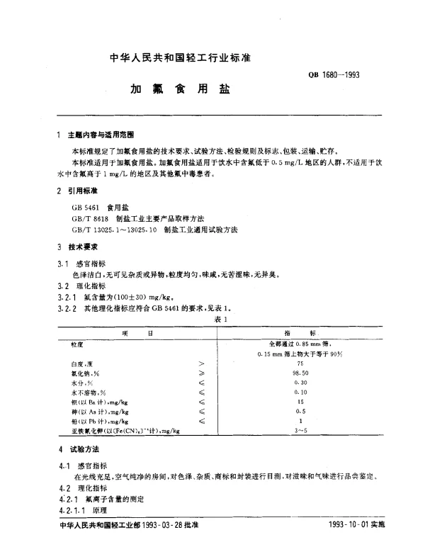 QB 1680-1993 加氟食用盐