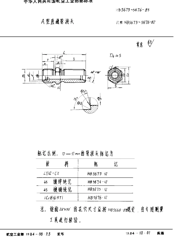 HB 5673~5676-1983 A型直通管接头
