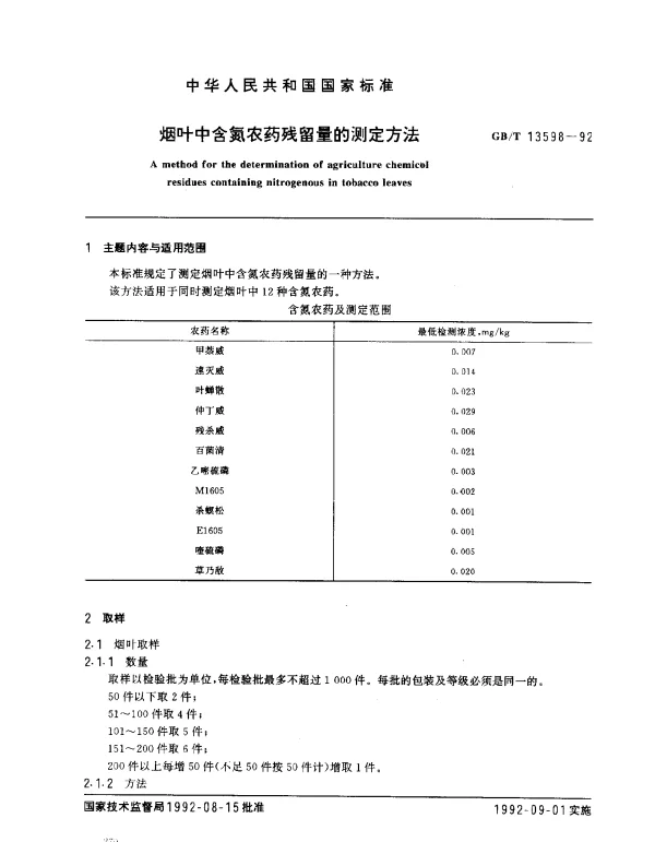 GBT 13598-1992 烟叶中含氮农药残留量的测定方法