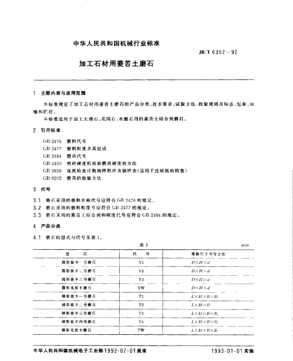 JBT 6352-1992 加工石材用菱苦土磨石