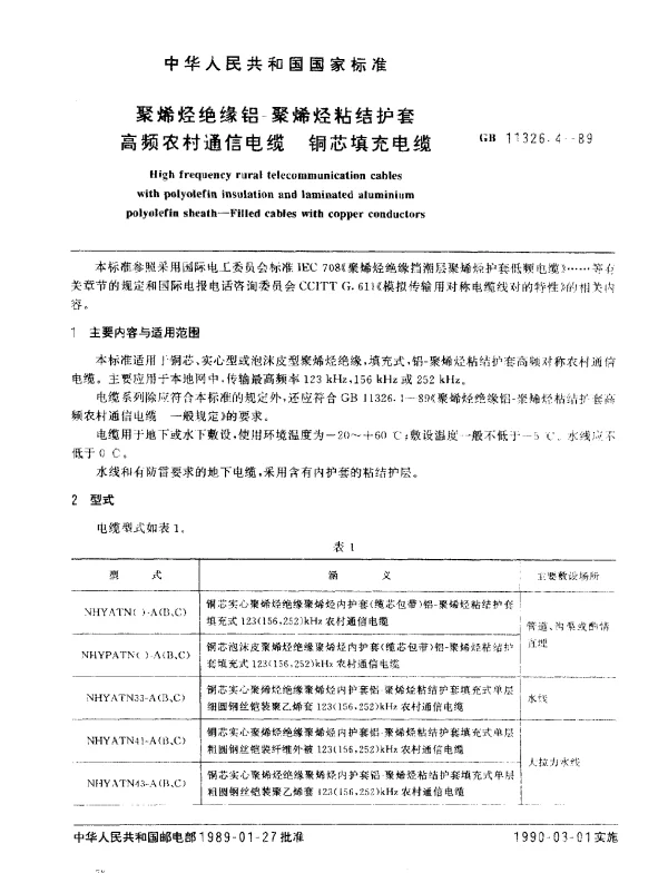 GB 11326.4-1989 聚烯烃绝缘铝-聚烯烃粘结护套高频农村通信电缆 铜芯填充电缆
