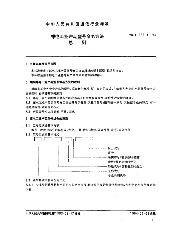 YDT 638.1-1993 邮电工业产品型号命名方法.总则