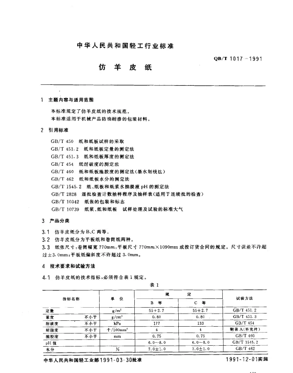 QBT 1017-1991 仿羊皮纸