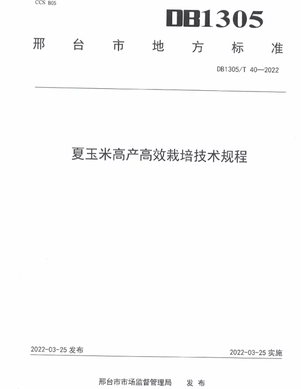 DB1305T 40-2022 夏玉米高产高效栽培技术规程