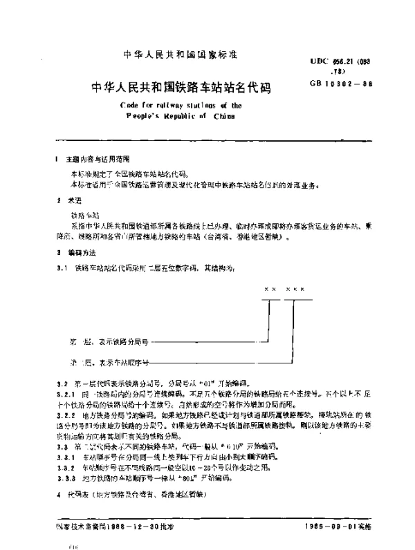 GB 10302-1988 中华人民共和国铁路车站站名代码