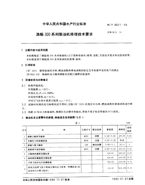 SCT 8021-1994 渔船300系列柴油机修理技术要求