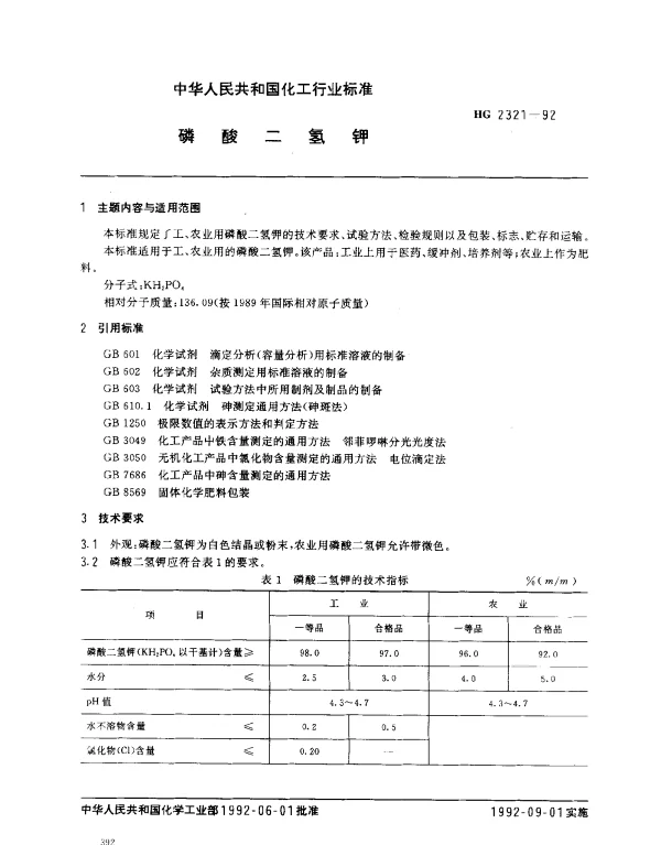 HG 2321-1992 磷酸二氢钾