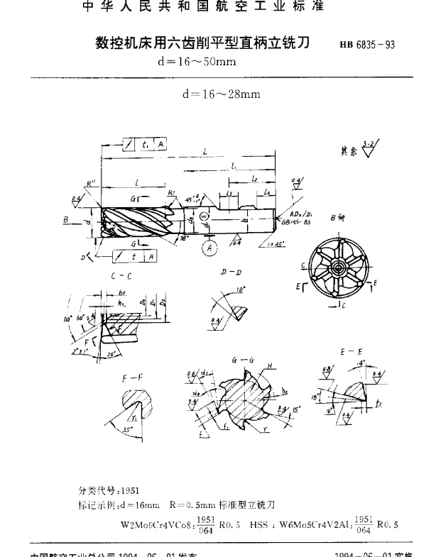 HB 6835-1993 数控机床用六齿削平型直柄立铣刀.d=16~50mm