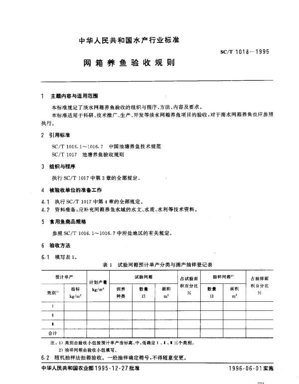 SCT 1018-1995 网箱养鱼验收规则