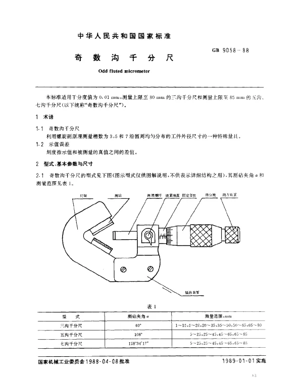 GB 9058-1988 奇数沟千分尺