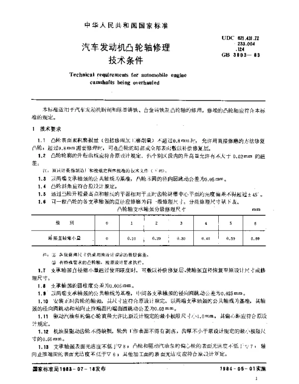 GB 3803-1983 汽车发动机凸轮轴修理技术条件