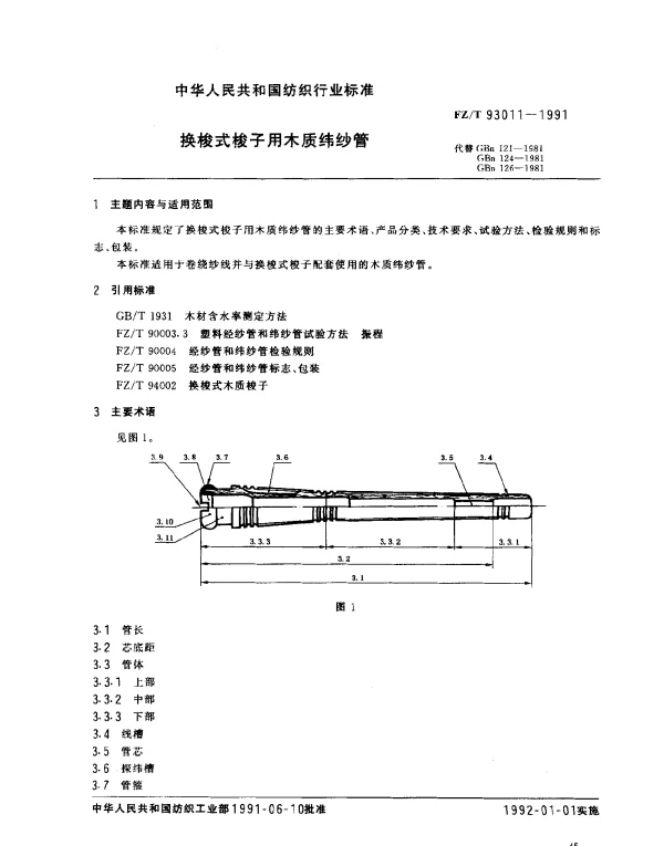 FZT 93011-1991 换梭式梭子用木质纬纱管