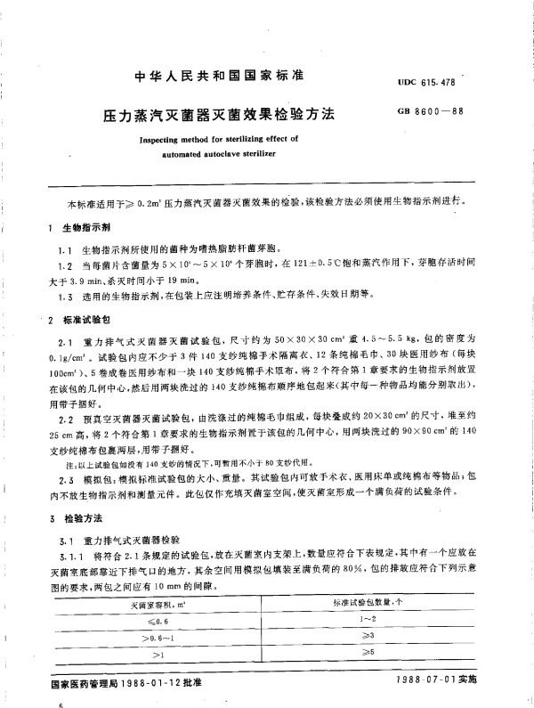 GB 8600-1988 压力蒸汽灭菌器灭菌效果检验方法