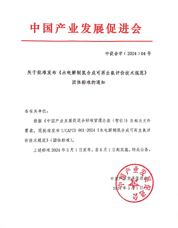 TCAPID 001-2024 水电解制氢合成可再生氨评价技术规范