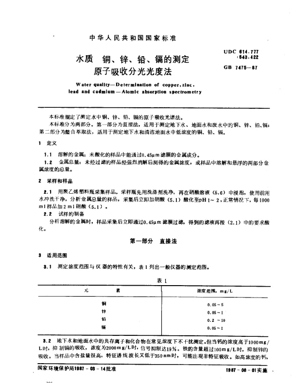 GB 7475-1987 水质 铜、锌、铅、镉的测定 原子吸收分光光度法