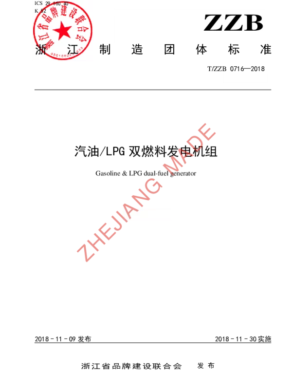 TZZB 0716-2018 汽油LPG双燃料发电机组
